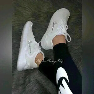 Bling Nike Free RN 2018 White Sneakers Customized with Crystal Rhinestones